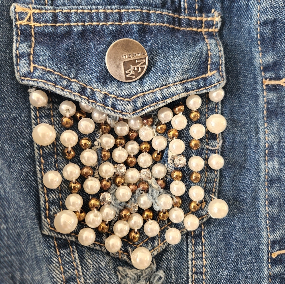 Love Brand Jean Jacket Pearls Denim Large Boutique - Picture 2 of 7